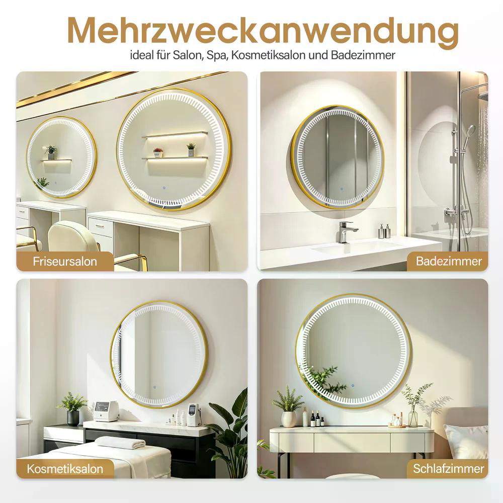 BP Wandspiegel mit Beleuchtung Badspiegel mit Aluminiumrahmen Runder Spiegel mit Touch-Schalter 3 Lichtfarben Dimmbar Badezimmerspiegel für Friseursalon Spa 83x83cm J6236 ( Schwarz / Gold ) – Bild 14