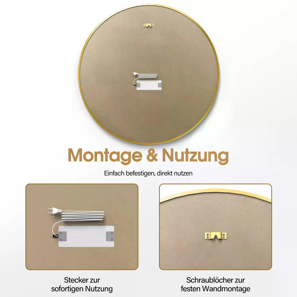 BP Wandspiegel mit Beleuchtung Badspiegel mit Aluminiumrahmen Runder Spiegel mit Touch-Schalter 3 Lichtfarben Dimmbar Badezimmerspiegel für Friseursalon Spa 83x83cm J6236 ( Schwarz / Gold ) – Bild 15