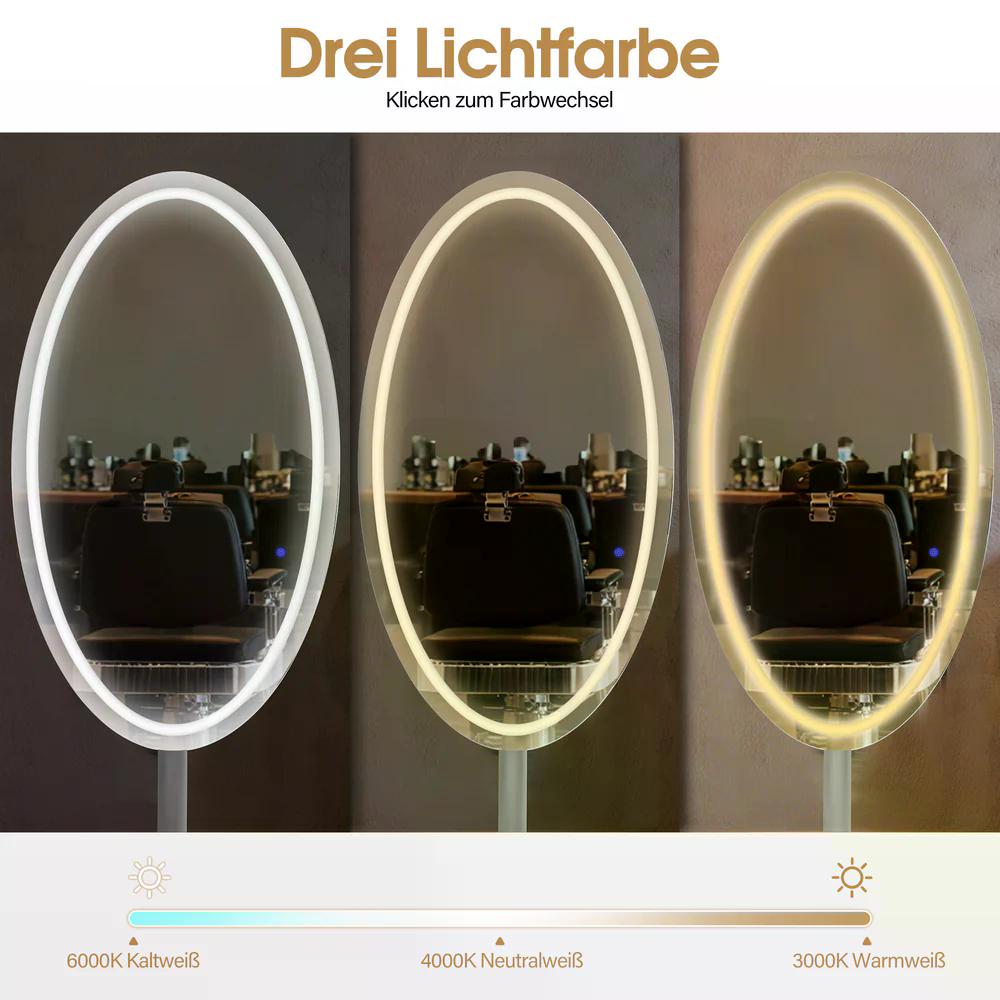 BP Standspiegel mit Beleuchtung Ganzkörperspiegel mit Edelstahl Großer Doppelspiegel mit Sockel Touch-Schalter 3 Lichtfarben Dimmbar für Friseursalon 60x60x192 cm J8363 (Silber) – Bild 5