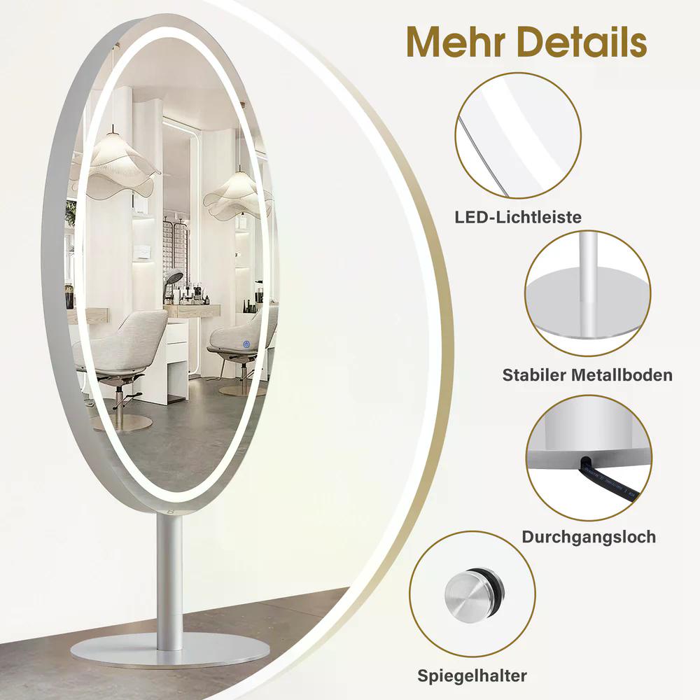 BP Standspiegel mit Beleuchtung Ganzkörperspiegel mit Edelstahl Großer Doppelspiegel mit Sockel Touch-Schalter 3 Lichtfarben Dimmbar für Friseursalon 60x60x192 cm J8363 (Silber) – Bild 7
