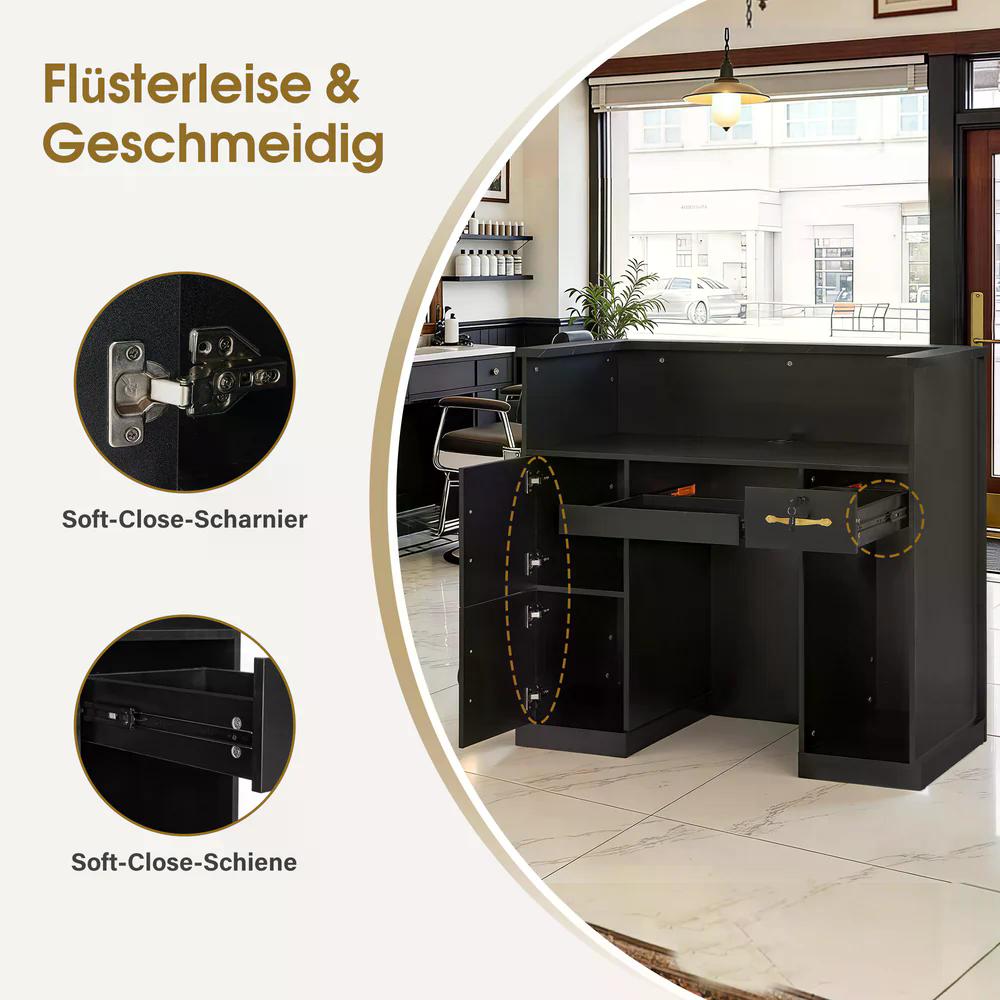 BP Empfangstheke mit 2 Schubladen & 3 Schränken Empfangstisch Abschließbar Empfangstresen Holz Rezeptionstisch Rezeptionstheke Kassentheke für Friseursalon R9773 (Schwarz-Gold) – Bild 6