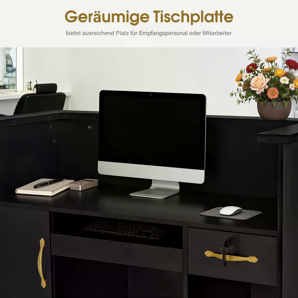 BP Empfangstheke mit 2 Schubladen & 3 Schränken Empfangstisch Abschließbar Empfangstresen Holz Rezeptionstisch Rezeptionstheke Kassentheke für Friseursalon R9773 (Schwarz-Gold) – Bild 7